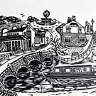 Barrow Upon Soar- 'River Soar' Lino Print- Black and White