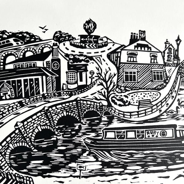 Barrow Upon Soar- 'River Soar' Lino Print- Black and White