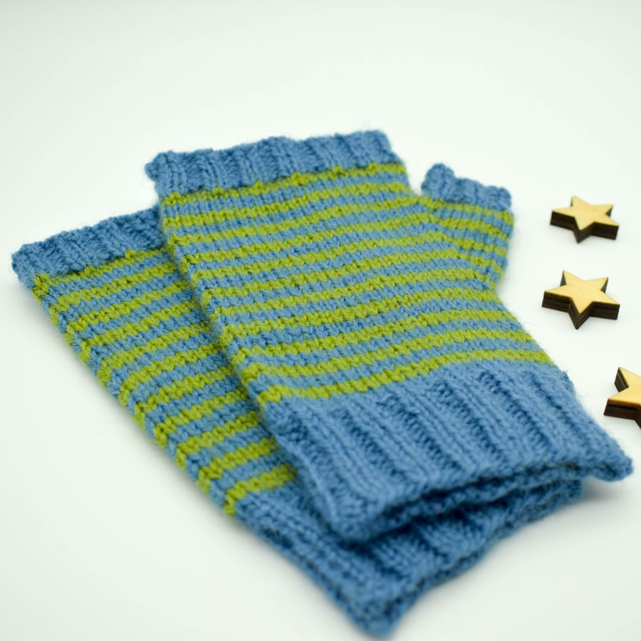 Hand Knitted fingerless mittens - Large - Blue and Green