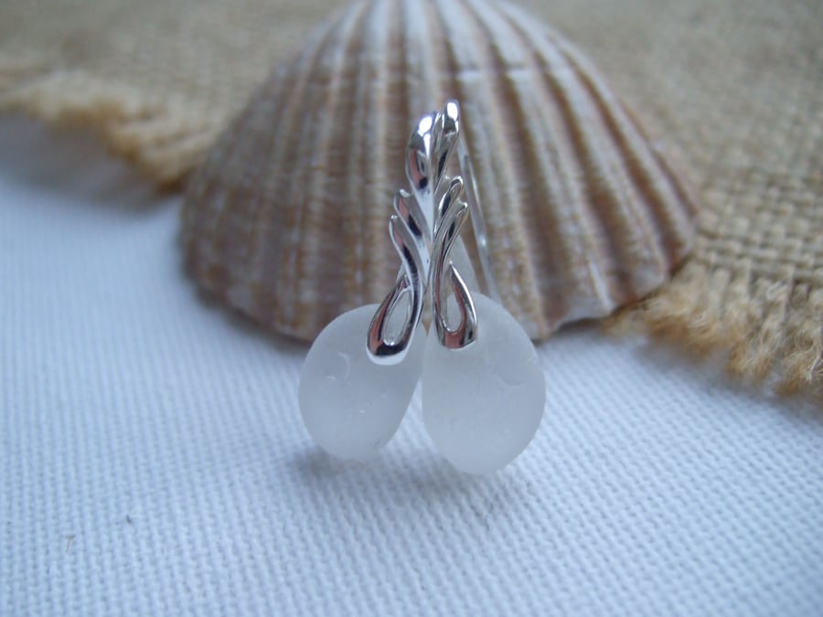 Scottish white sea glass sterling silver earrings, elegant earrings beach glass