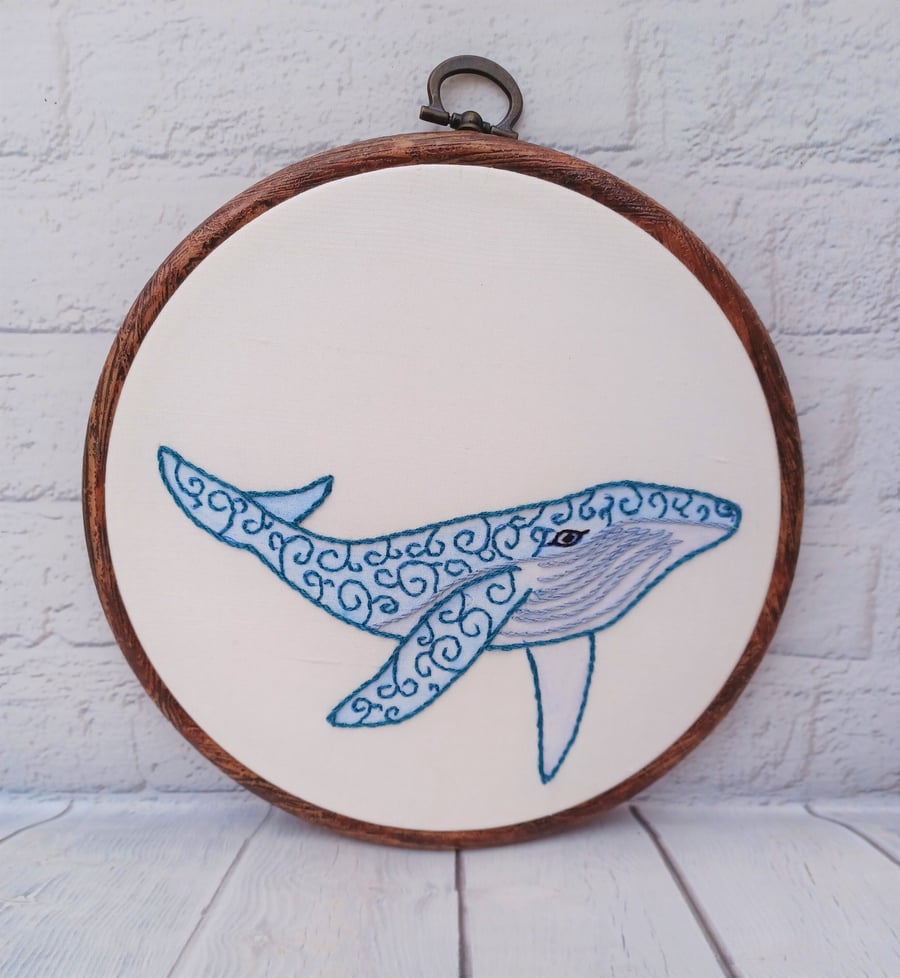 Blue Whale Embroidery, Whale Gift, Hand Embroidery Hoop, Sealife Embroidery, Oce