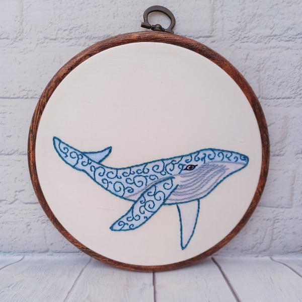 Blue Whale Embroidery, Whale Gift, Hand Embroidery Hoop, Sealife Embroidery, Oce