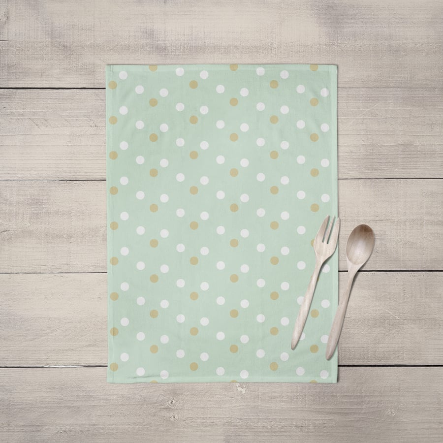 Mint Green, Gold and White Spots Tea Towel, Dish Towel