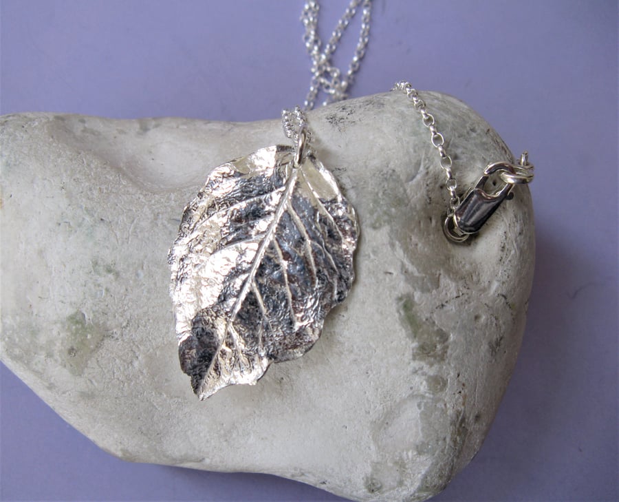 Hallmarked Fine silver rose leaf necklace