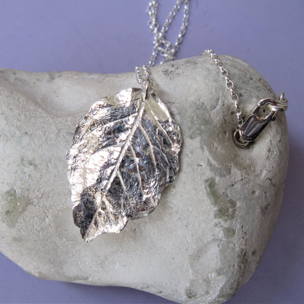 Hallmarked Fine silver rose leaf necklace