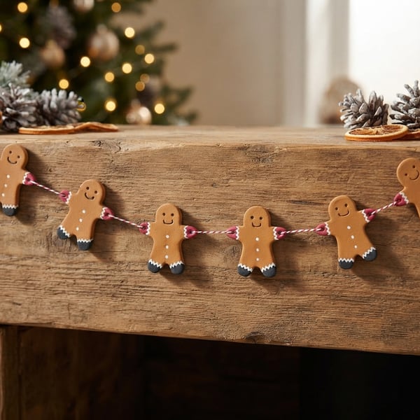 Air Dry Clay Gingerbread Men Bunting Holding Hands Festive Garland