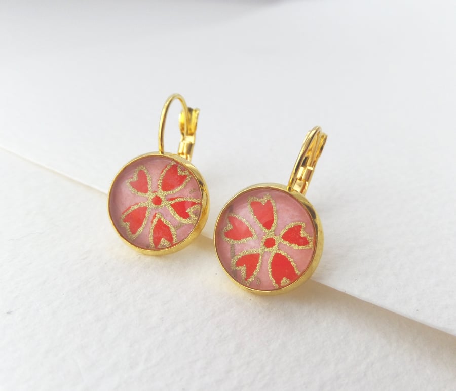 Coral Pink Floral, Orange Earrings yellow Gold Dangle Drop lever back earrings