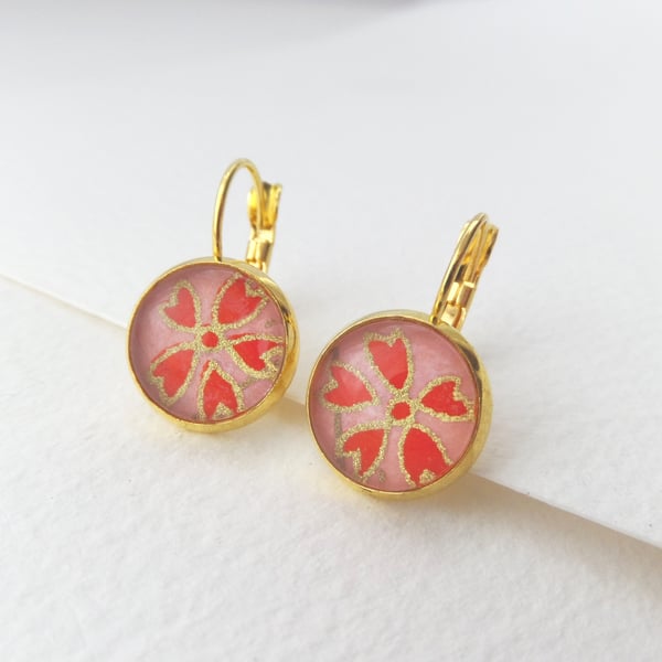 Coral Pink Floral, Orange Earrings yellow Gold Dangle Drop lever back earrings