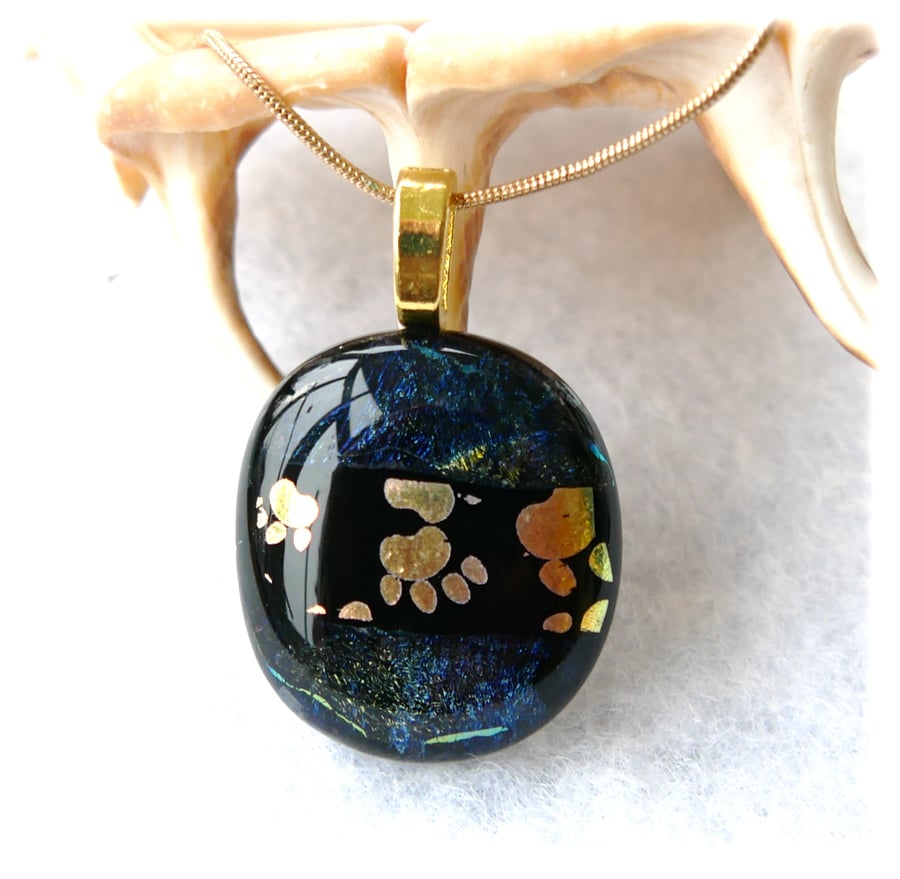 Dichroic Glass Pendant 127 Paw Prints Black Handmade and gold plated chain