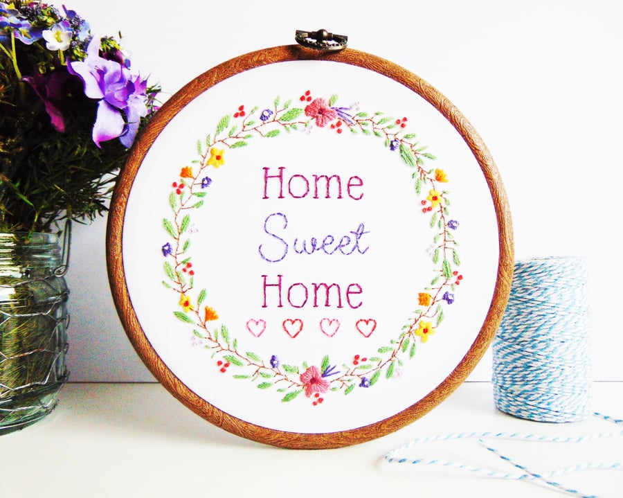 Home Sweet Home Hand Embroidery Hoop Art, New Home Gift 