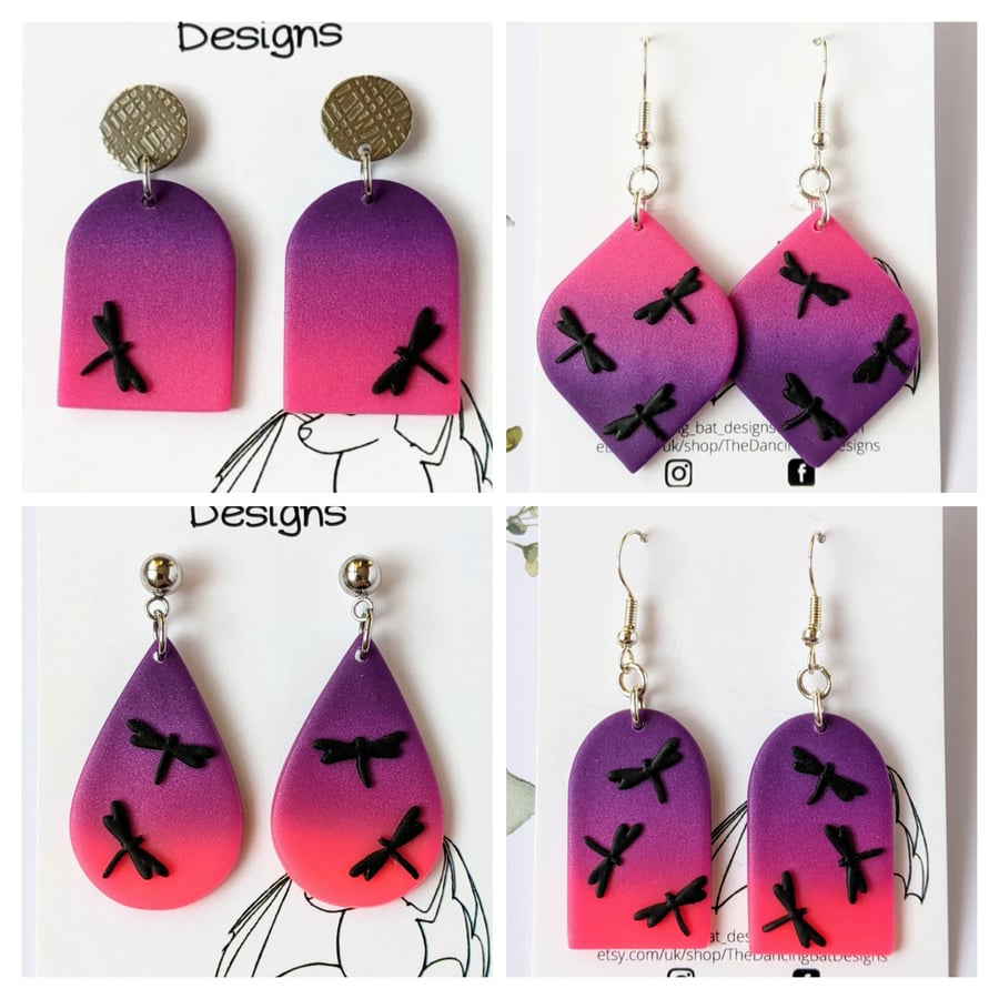 Dragonfly Dangle Earrings With Pink Purple Suns... - Folksy