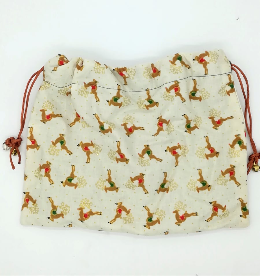 Cream reindeer Christmas print bag w drawstrings,charm dangle, gift bag,stocking