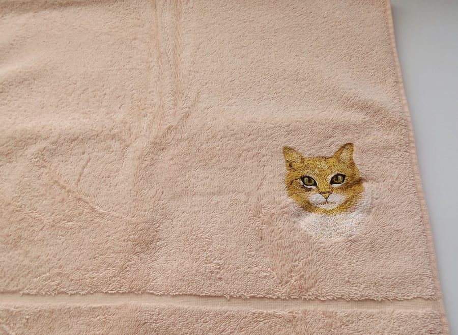 Cat Embroidered Hand Towel. Peach, T2