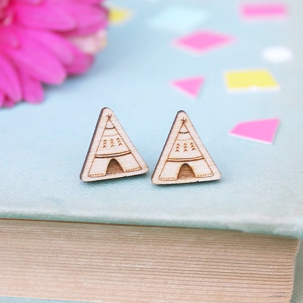 Wooden Teepee Stud Earrings