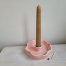 Green or pink pottery candle holder with fluted scalloped rim , pottery gift