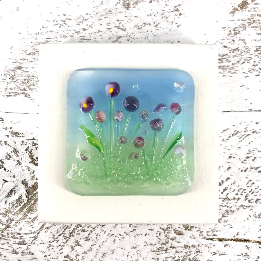 Glass Flower Meadow Picture with Pretty Pink & Purple  Flowers