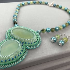 Mint Green & Teal Beaded Pearl Necklace and Earrings Set, Sterling Silver 