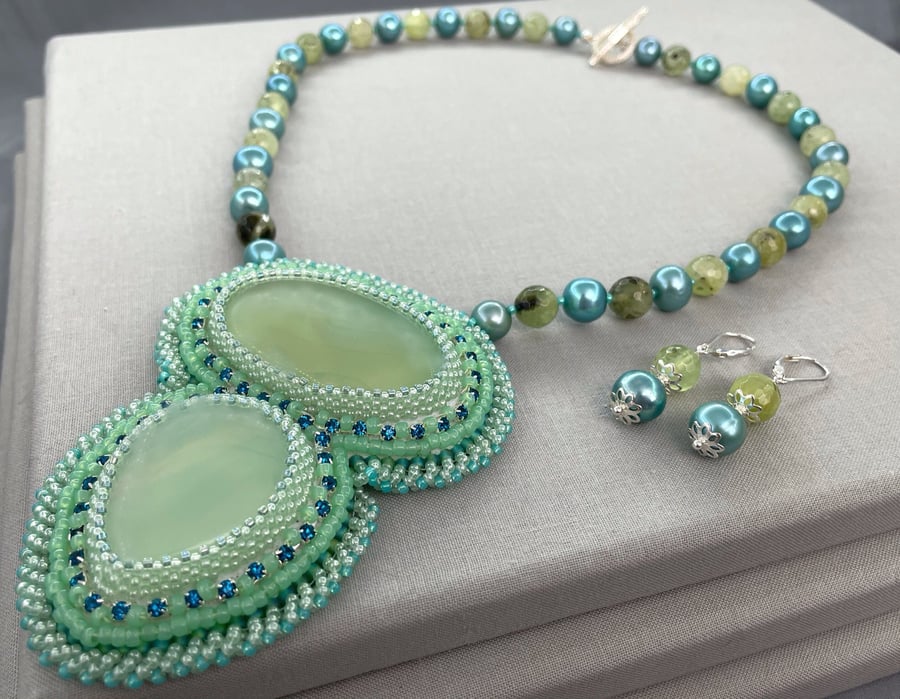 Mint Green & Teal Beaded Pearl Necklace and Earrings Set, Sterling Silver 
