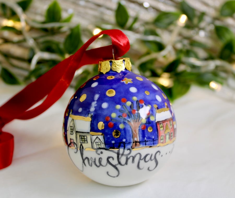 Night time little houses ceramic bauble