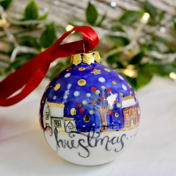 Night time little houses ceramic bauble