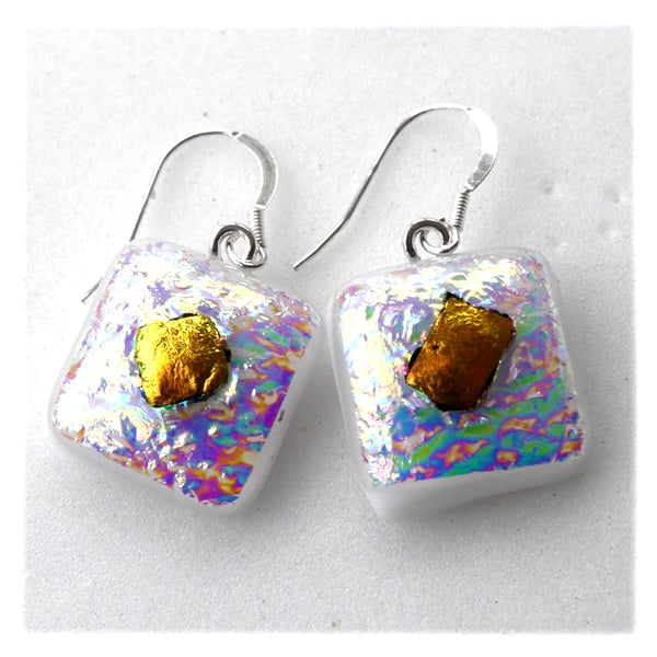 Handmade Fused 290 Dichroic Glass Earrings White Gold