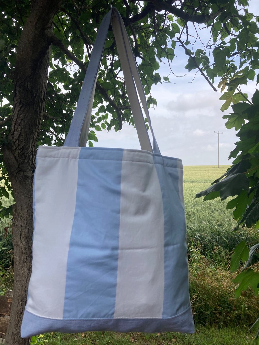 Large Blue and white striped tote bag.