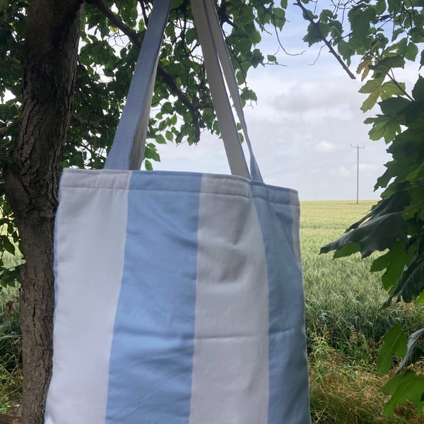 Large Blue and white striped tote bag.