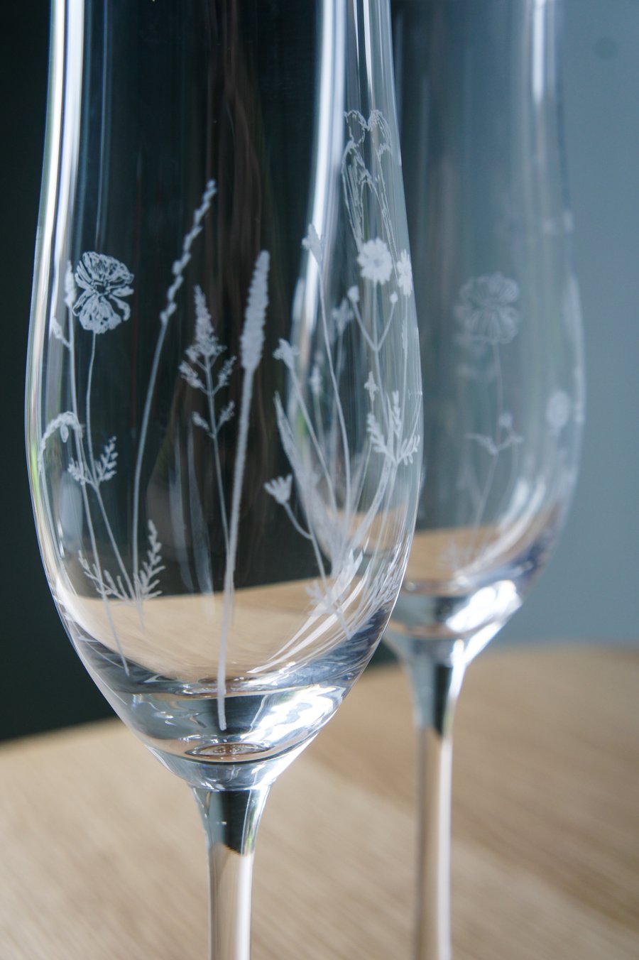 A Pair Of Hand Engraved Champagne Glasses, Dartington Crystal, Summer Meadows