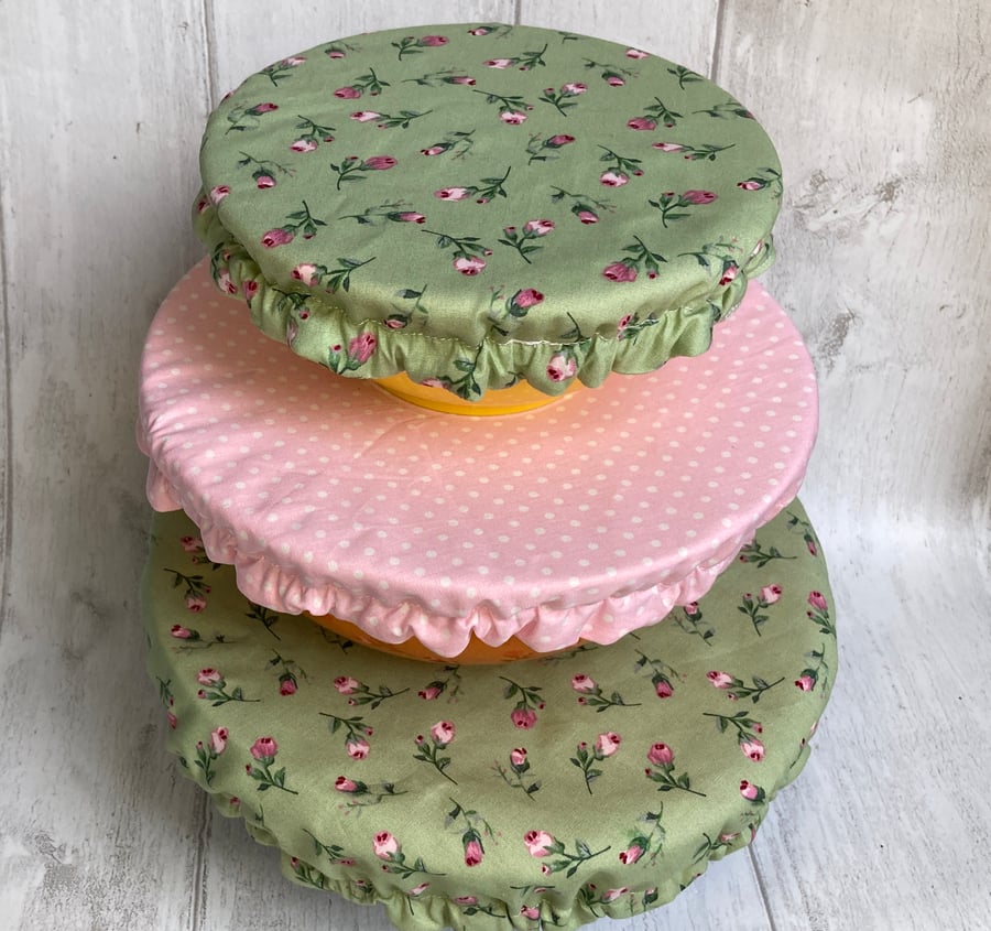 Reusable bowl covers - set of three. Sage green and pink