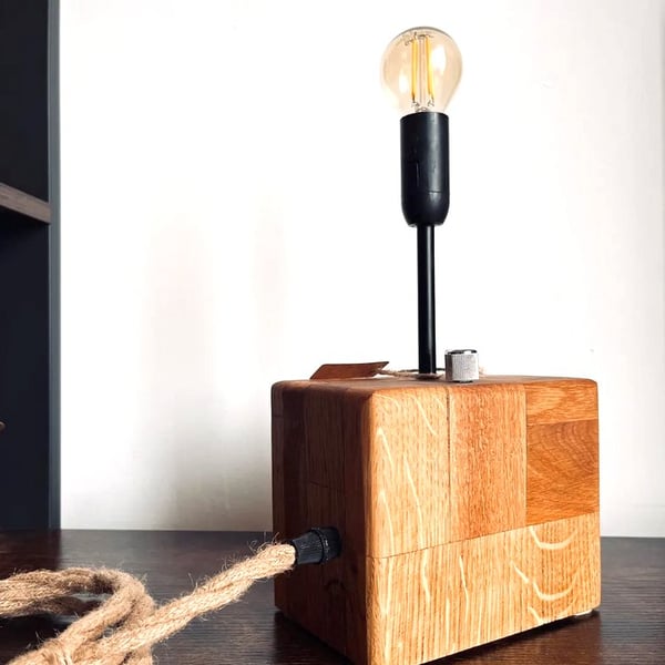 Reclaimed Oak Rustic Bedside Lamp – Handmade Natural Wooden Light