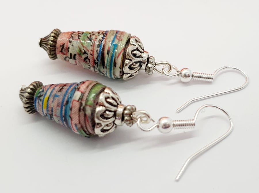 Conical paper beaded earrings with tibetan silver findings - made with old map