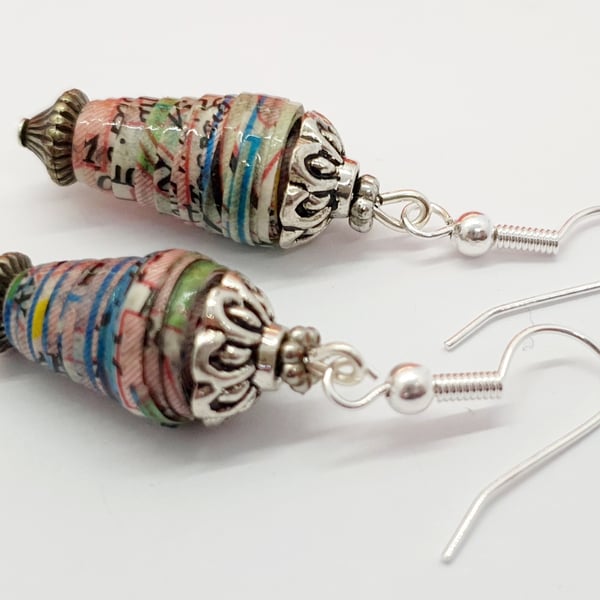 Conical paper beaded earrings with tibetan silver findings - made with old map