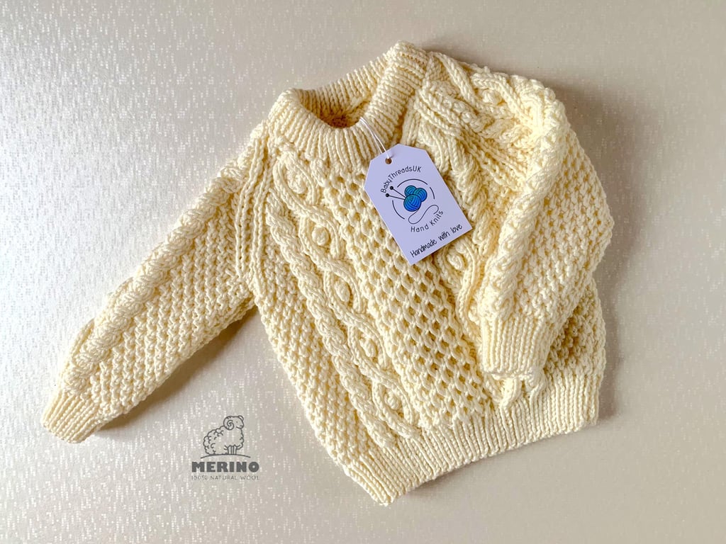 Baby Soft Merino Sweater, Cream Aran-style Pattern - actual chest size 21ins.