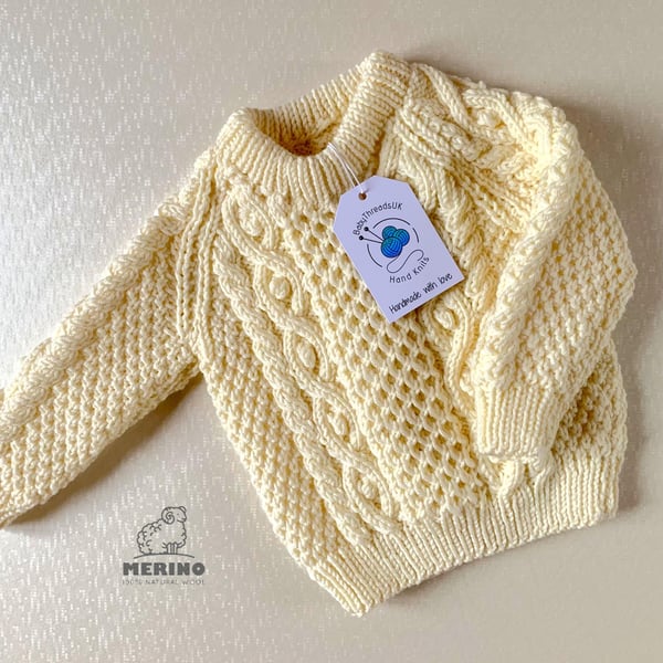 Baby Soft Merino Sweater, Cream Aran-style Pattern - actual chest size 21ins.