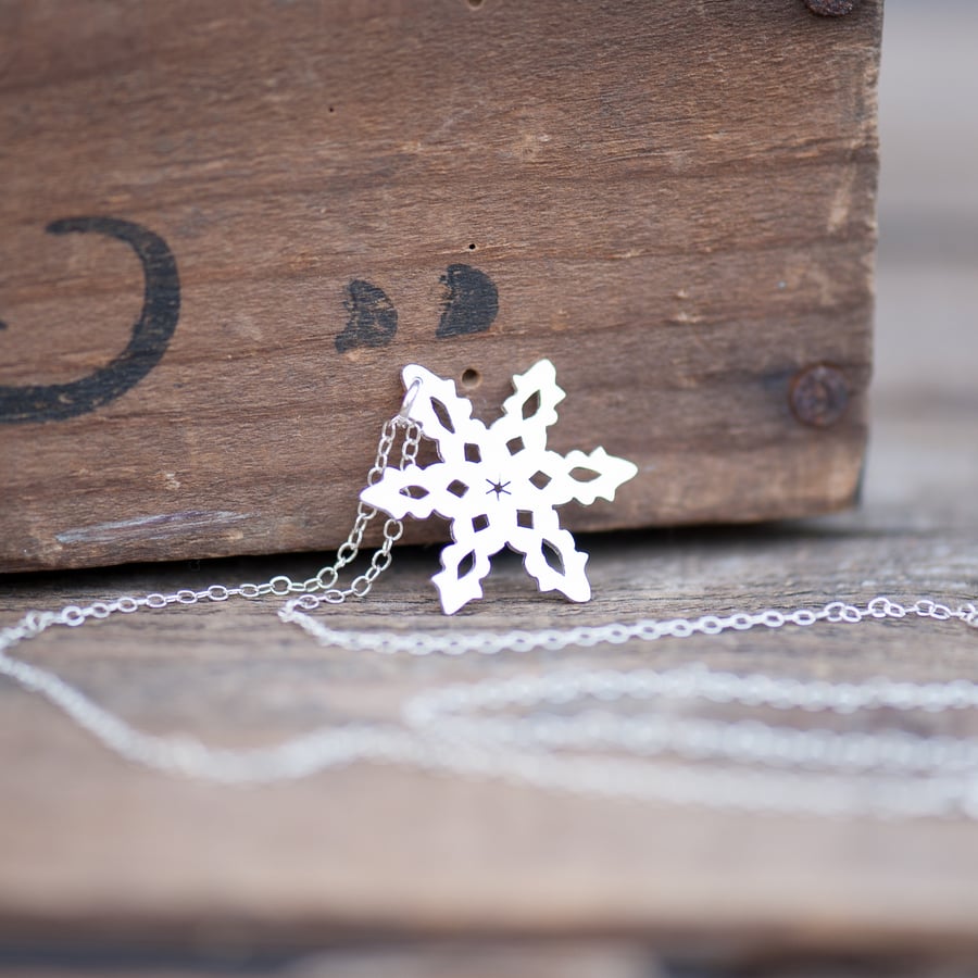 Hand Sawn Sterling Silver Snowflake Necklace