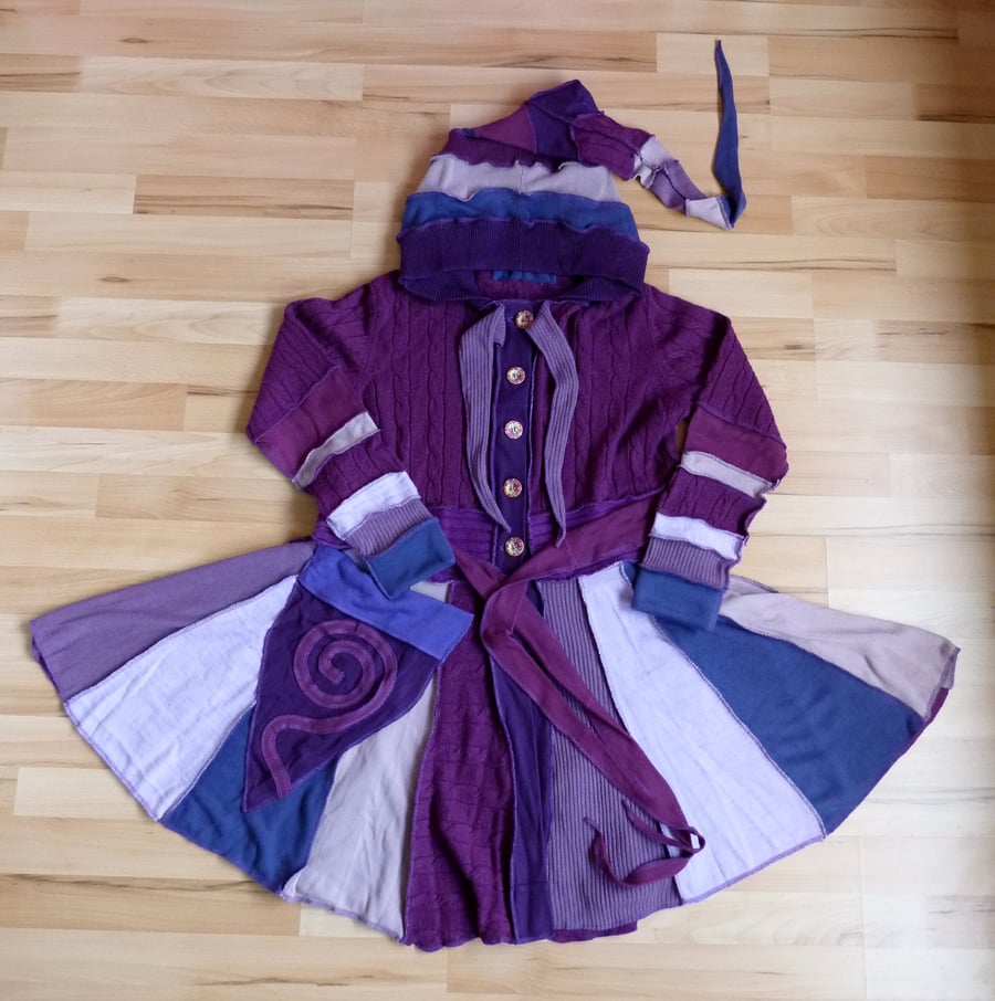 Upcycled Coat with Long Hood Button Front Pocket Waist and Neck Ties. Purples