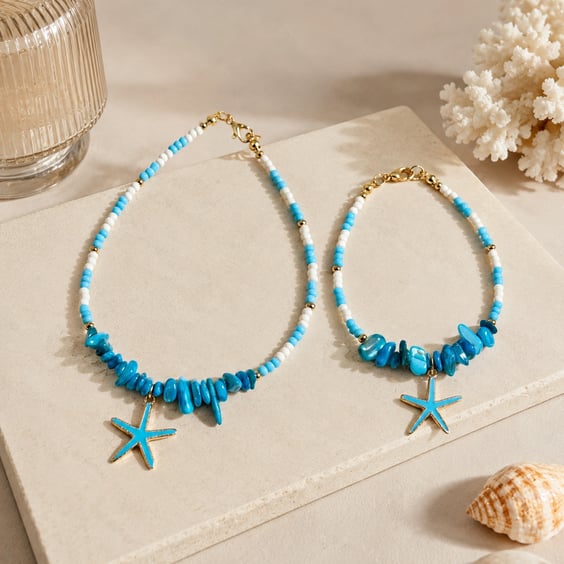 Coastal Starfish Anklet & Bracelet Set – Turquoise Shell Beads & Starfish Charm