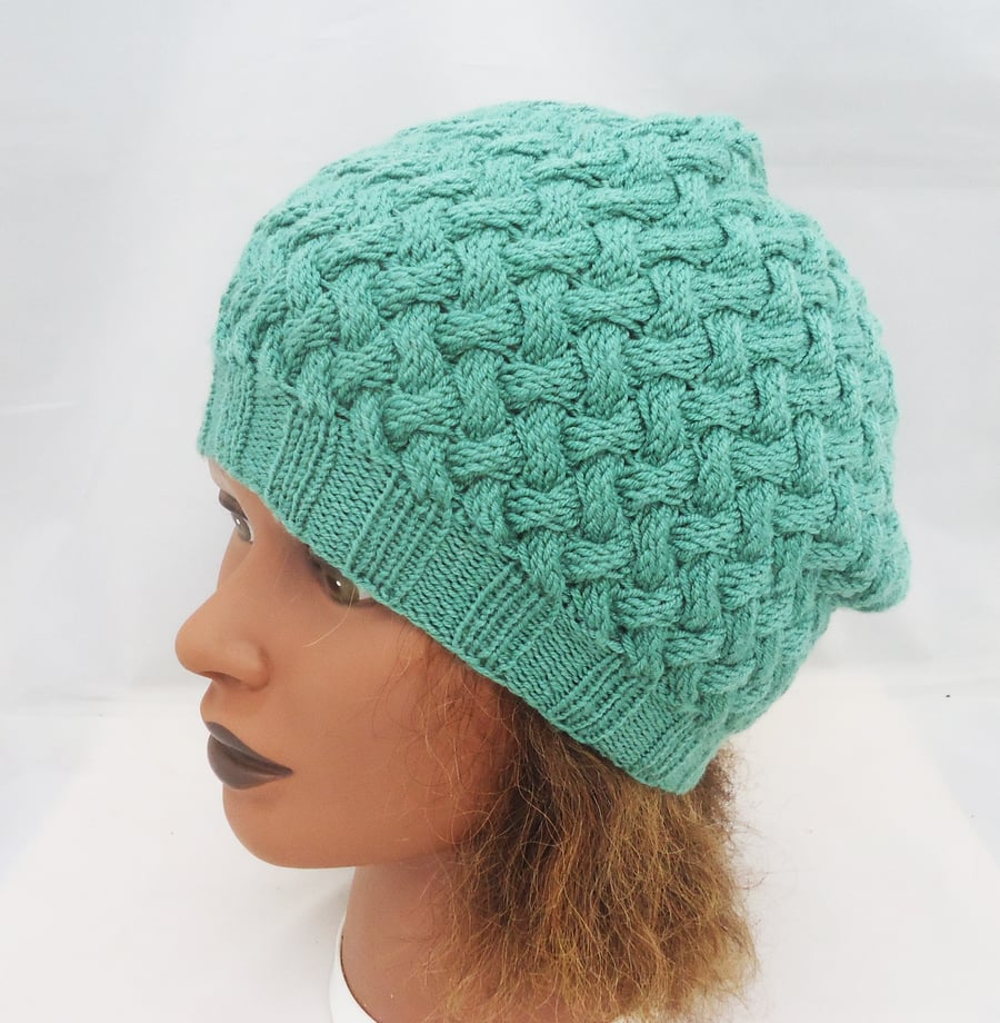 Women's Handknitted Beanie, Lady's Hat, Basket Weave Hat,Wool Hat