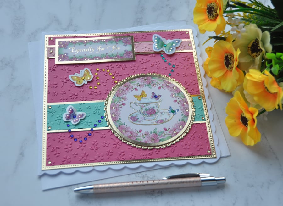 Vintage Roses China Teacup Card Especially For You 3D Luxury Handmade Card 