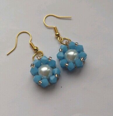 Blue Bicone beaded art deco style drop earrings 3d design glass bead womens