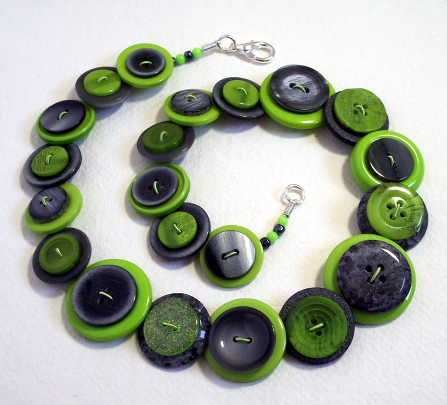 Winter - Lime Green and Grey Button Necklace 