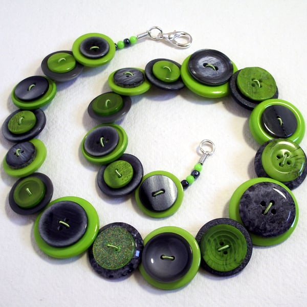 Winter - Lime Green and Grey Button Necklace 