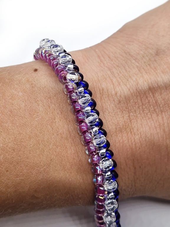 Pink, royal blue and silver tennis-style beaded bracelet