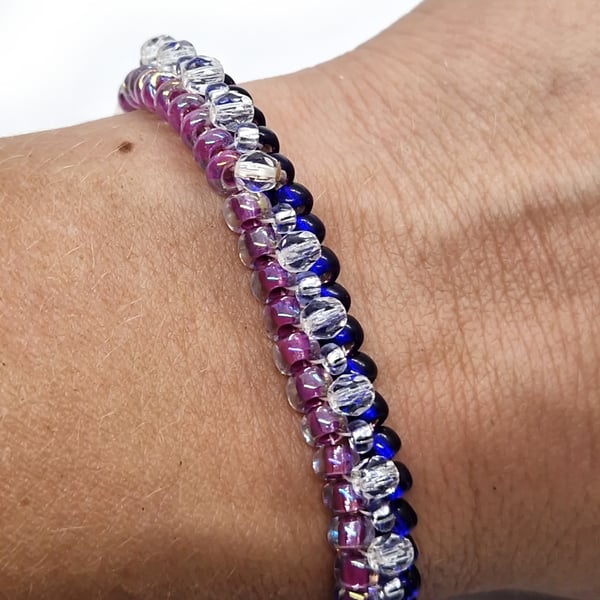 Pink, royal blue and silver tennis-style beaded bracelet