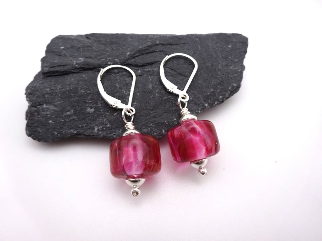 lampwork glass dark pink glass earrings