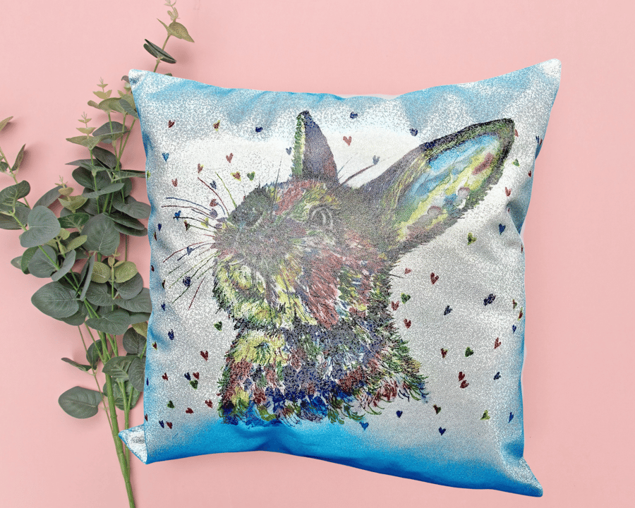 Glittery cushion with rabbit print, cushion inner included, can be personalised.