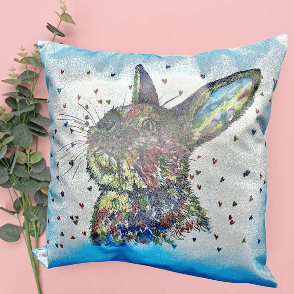 Glittery cushion with rabbit print, cushion inner included, can be personalised.