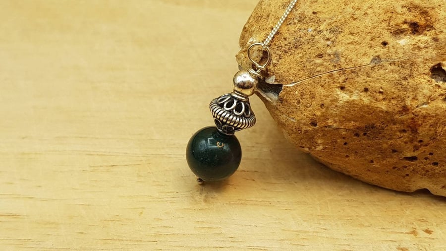 Bloodstone sphere pendant. March birthstone necklace. Reiki jewelry