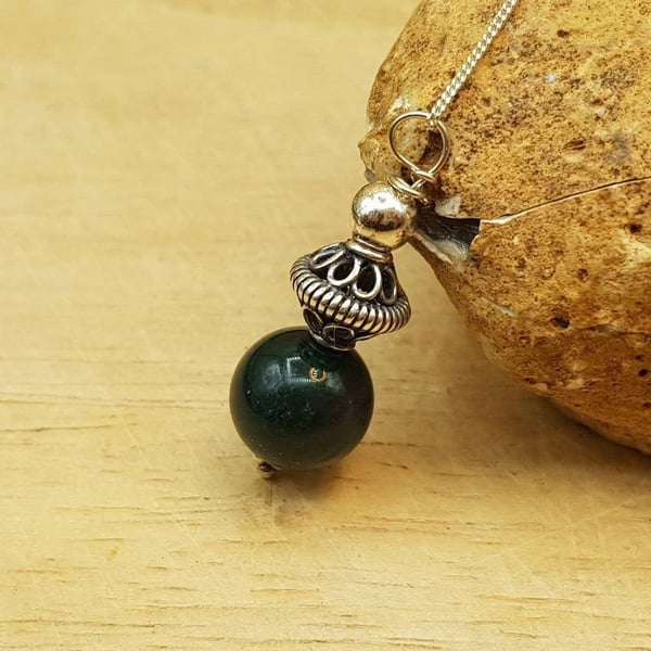 Bloodstone sphere pendant. March birthstone necklace. Reiki jewelry