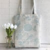 Birds and flowers tote bag in cream and duck-egg blue